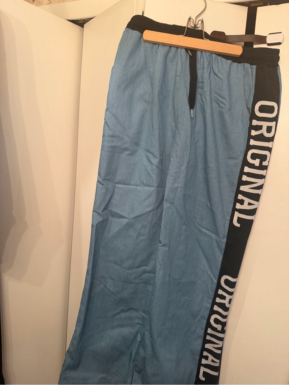 Light Blue Lounge Pants with Black Side Panel and ORIGINAL Text